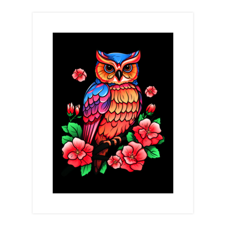 Colorful Owl surrounded by Flowers by Juka