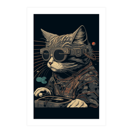 Japanese Woodblock Print Cyberpunk Cat Wearing Vr Glasses by spockjenkins