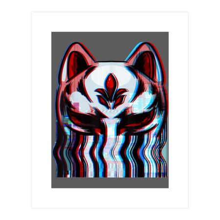 Vaporwave Japanese Aesthetic Kitsune Fox Mask Yokai Glitch by teesart36