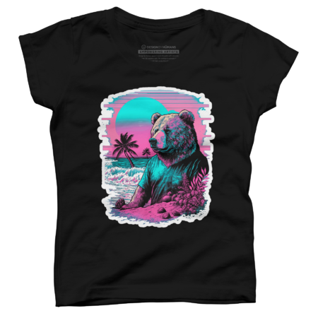 Vaporwave Synthwave Surfer Bear Beach Grizzly Surfing 80s by sahrearhossen
