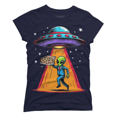 UFO Alien Eating Pizza a UFO Extraterrestrial funny T-Shirt by Kayochine