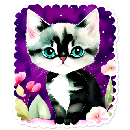 Cute Black And White Kitten On Purple by karenstahlros1