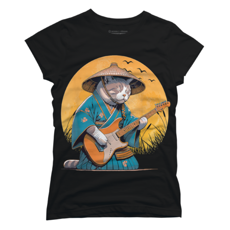 Samurai Cat Guitar Japanese T-Shirt by MLYSTORES