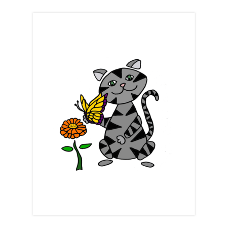 Funny Cool Gray Tabby cat with Butterfly