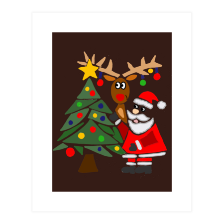 Funny Cute Santa Claus and Christmas Reindeer by Tree by SmileToday