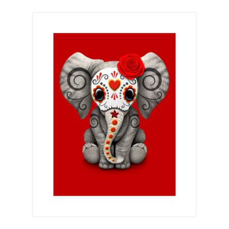 Red Day of the Dead Sugar Skull Baby Elephant by jeffbartels