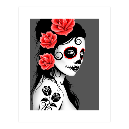 Red Day of the Dead Sugar Skull Girl by jeffbartels