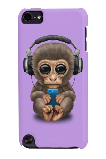 Cute Baby Monkey With Cell Phone Wearing Headphones by jeffbartels