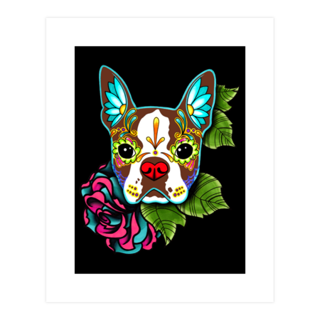 Boston Terrier in Red - Day of the Dead Sugar Skull Dog
