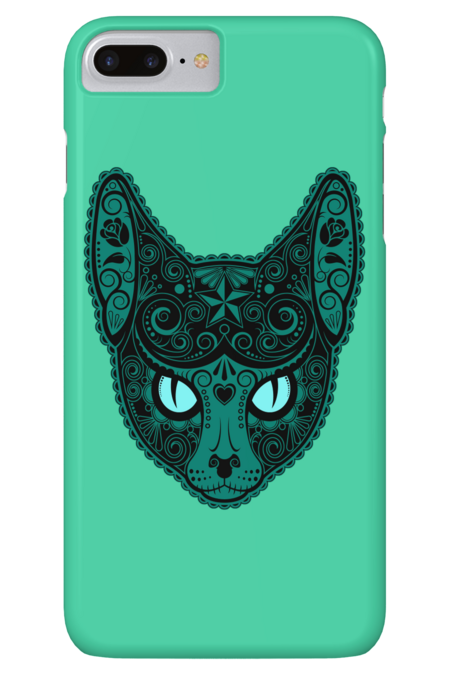 Decorated Teal Blue Sugar Skull Cat by jeffbartels