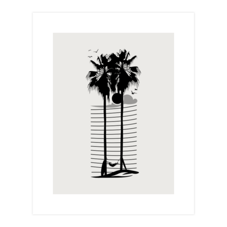 Sunset palm island chill silhouette black and white art by happycolours