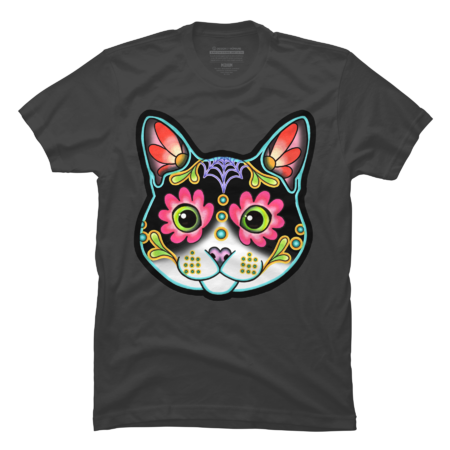 Black and White Tuxedo Cat - Day of the Dead Sugar Skull Kitty by prettyinink