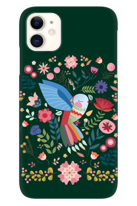 Folk Art Inspired Hummingbird With A Flurry Of Flowers by LittleBunnySunshine